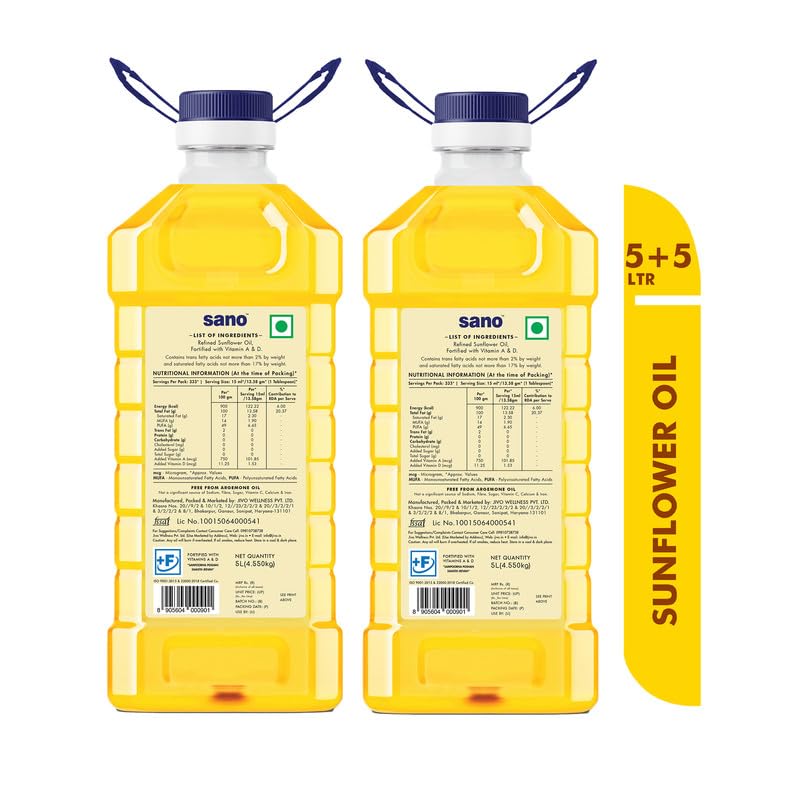 Image of Sano Sunflower Oil 5 Ltr Pet Bottle - Pure, Nutrient-rich Cooking Oil With High Smoke Point - Ideal For Frying, Sauteing, And Baking (5 Ltr X 2 Pack).