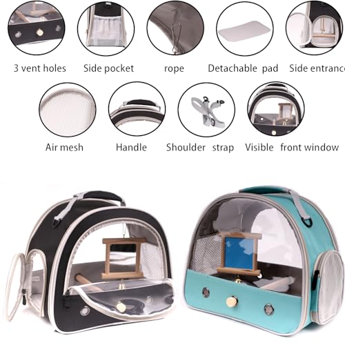 Image of Parrot Travel Cage Carrier with Bird Cage Bells Mirror Set,Portable Small Bird Parakeet Bag with Standing Perch and Comfy Mat Bird Carry Transport Bag with Clear Window Outdoor Adventure