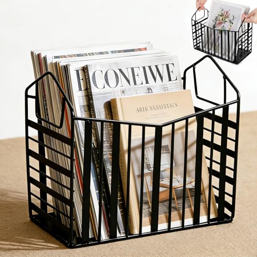Noamus Metal Magazine Holder, Document File Rack with Handle, Newspaper Book Folder Mail Organizer Bin, Iron Wire Tablet Storage Basket Stand for Home Office Bathroom Bedroom Den Living Room, Black
