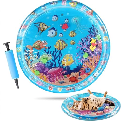 Cat Water Mat with Fish- Thickened Cat Sensory Water Play Mat Toy Indoor Pet Water Bed Play Mat-Round