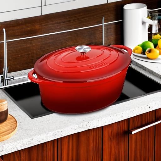 Velaze 7.5 QT Enameled Oval Dutch Oven Pot with Lid, Cast Iron Dutch Oven with Dual Handles for Bread Baking, Cooking, Frying, Non-stick Enamel Coated Cookware (RED) - Image 5