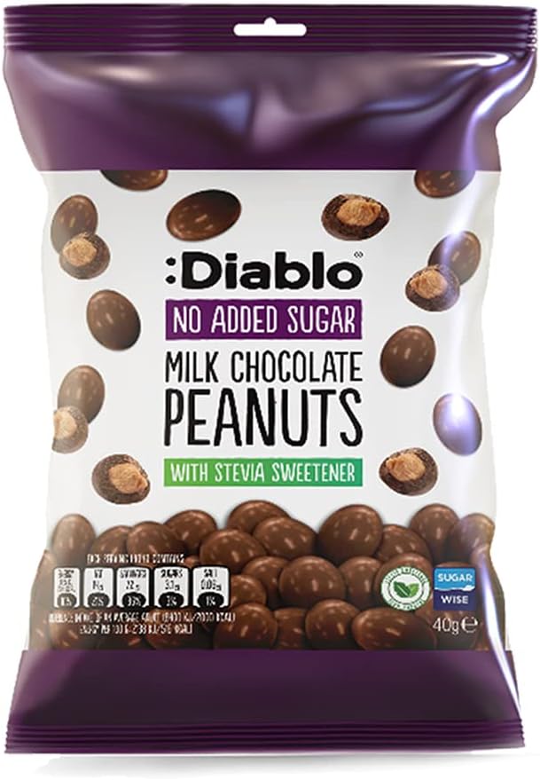 Diablo Milk Chocolate Peanuts - No Added Sugar, Sweetened with Stevia - Individually Packed Bags, Chocolate Covered Nuts Hamper Basket Available - Perfect for Gifting - Peanut - 40g, Pack of 1