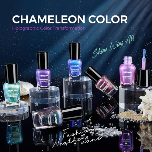 Morovan Chameleon Nail Polish Set: 6 Colors Holographic Quick Dry Mini Nail Lacquer Kit Green Glitter Pink Blue Purple Gray Aurora Shimmer Fall DIY Nail Art Manicure Gift For Women Girls - Thumbnail 2