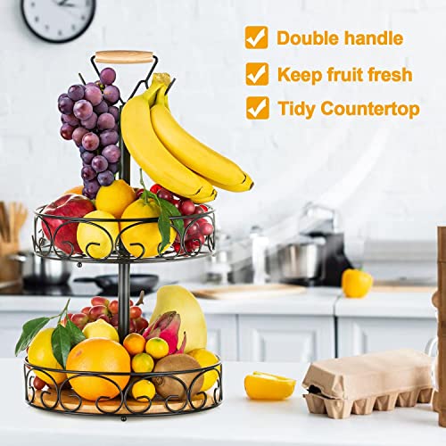 Etechmart Fruit Basket, Vegetables Countertop Bowl Storage With Banana Hanger, Detachable Bread, Snacks Baskets Holder Large Capacity Fruit Tray (Bamboo&Iron - 2 Tier) #TOP6