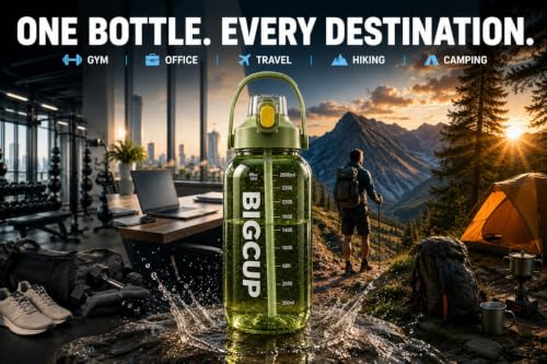 Image of 2600ml Large Water Bottle with Straw & Handle, 2.6L Sports Water Bottle with Time & ML Markings, Big Capacity Gym & Fitness Bottle for Men & Women, Travel, Workout & Outdoor(Green, 2.6 Liter)