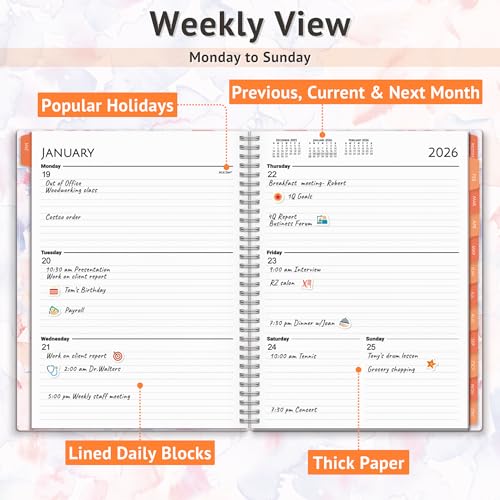 CRANBURY Large Planner 2026, 8.5x11 Weekly Monthly Calendar Agenda, from Jan to Dec Daily Organizer, Watercolor Theme, Spiral Bound Planner with Tabs - Thumbnail 7