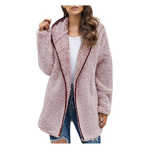 Women's Fuzzy Fleece Hooded Mid-Length Jacket with Pockets