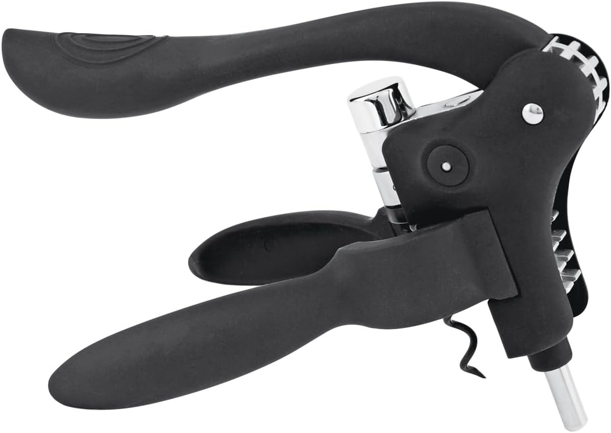 True Virtuoso Easy Lever Corkscrew Wine Opener Manual, Stainless Steel Corkscrew Wine Opener with Foil Cutter and Ergonomic Soft Touch Handle, Black