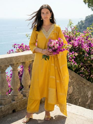 Image of INDO ERA Women's Silk Blend Embroidered Straight Kurta Pant with Dupatta Set
