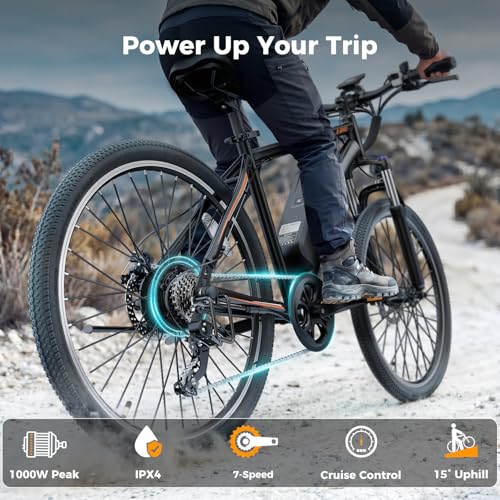 Image of Jasion EB5 Electric Bike for Adults 26 inch tire with 1000W Peak Motor | Removable Battery Commuting Electric Mountain Bike,Up to 40Miles,7-Speed and Front Fork Suspension Ebike