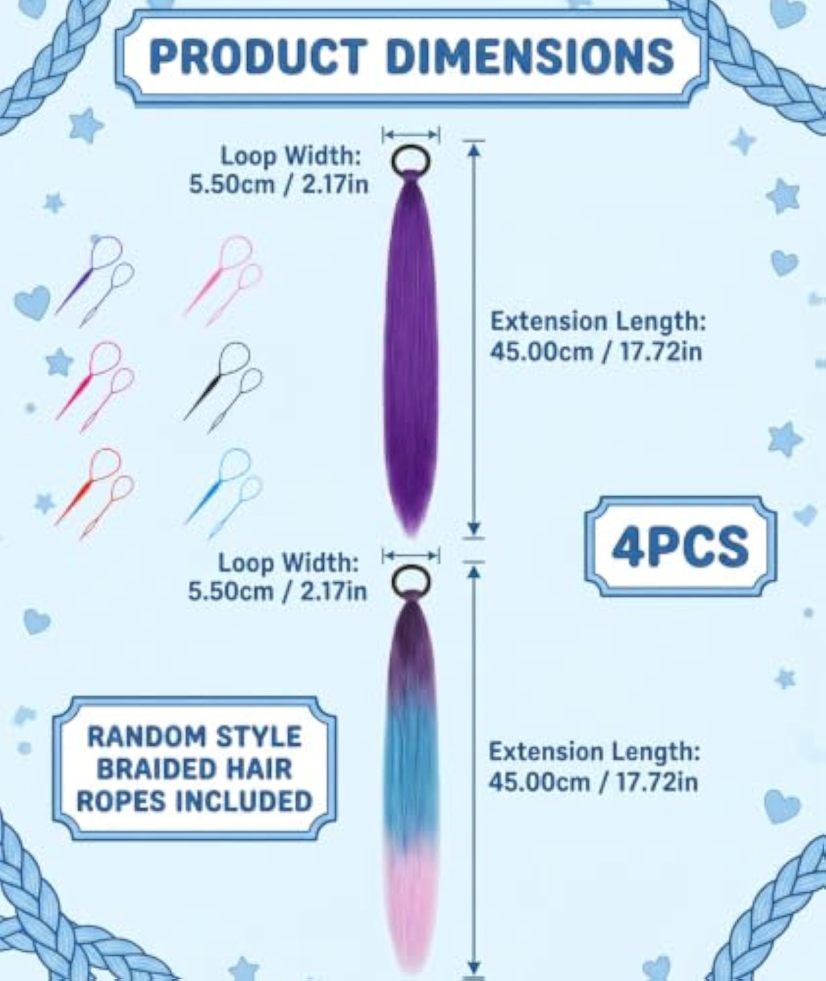 4pc Purple Hair Extensions Set with Braider Tool for Women