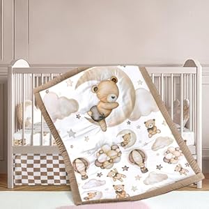 3 Pcs Baby Crib Bedding Set Safari Animals Dinosaurs Bear Woodland Animals Jungle Crib Set Includes Quilt, Fitted Sheet, Skirt for Baby Boy Girl(Brown,Teddy Bear)