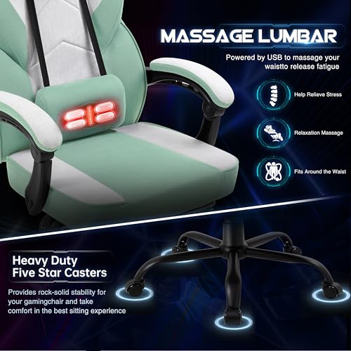Image of Gaming Chair for Adults with Footrest & Massage Lumbar Support, Ergonomic High Back Gamer Chair, Adjustable Swivel Computer Gaming Chairs with Headrest and Linkage Armrests,Green