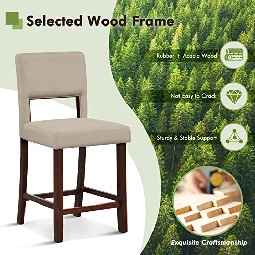 Image of COSTWAY Bar Stools Set of 4, Linen 24.5 Inch Counter Height Chairs with Hollowed Backs, Rubber Wood Legs, Upholstered Barstools for Kitchen Island Home Bar Pub Dining Room, Beige