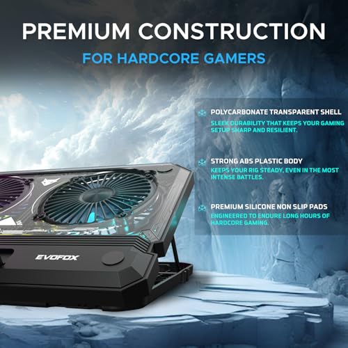 EvoFox Blizzard RGB Cooling Pad for Gaming Laptop with Transparent Upper Surface, 2 Large Fans, 8 Adjustable Angles, Edge RGB Lighting, Additional... - Image 3