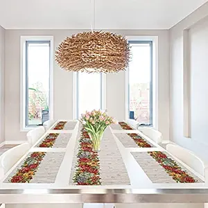 PRAKARTIK BY INDUARTS 100% Cotton Yellow Red Roses Border Rectangular Dining Table mat with Runner. Yellow & Red (Set of 6 + 180 cm Runner)