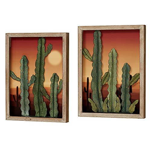 Touch Of Class Desert At Sunset Southwest Cactus Wall Art Set Of Two, 3D Metal And Wood Hanging Decor - Cacti In Front Of Majestic Framed Desert Print - Southwestern Landscape Style Sculpture #TOP27
