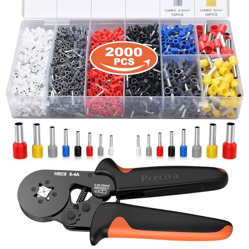Preciva Crimpadora y Alicates de Terminales Eléctricos autoajustables con regulador de fuerza, Kit de 2000 punteras 0,25-10mm²
