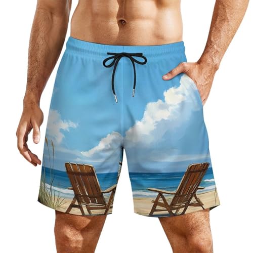 Pantalones cortos de playa para hombre con bolsillos y dos sillas de madera para tu verano