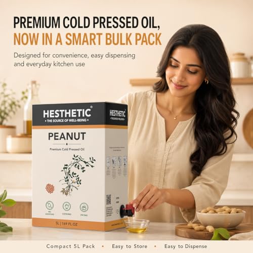 Image of HESTHETIC Cold Pressed Peanut (Groundnut) Oil 5L Bag-in-Box | Pure Moongfali Ka Tel | Unrefined High-Smoke-Point Cooking Oil, Rich in MUFA | Ideal for Indian Kitchen