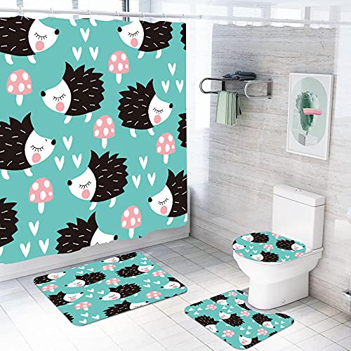 ZDDWLDL 4Pcs Duschvorhänge Set Mit Rutschfesten Teppichen,Toilettendeckel und Badematte Grünes Rosa Weißes Blumentier…