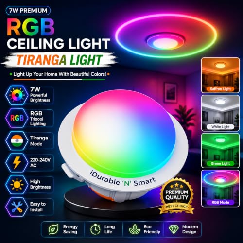 Image of iDurable 'N' Smart 7W Tiranga LED Ceiling Light | 3 in 1 RGB Tri-Color Glow Light | LED Downlight for Home, Bedroom, Living Room & Decoration | 220-240V AC Energy Saving Light Code-14