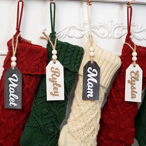 Personalized Wooden Tags Name for Christmas Stockings Letters Custom Modern Farmhouse Rustic Country Family Xmas Home Decorations Ornaments Gifts with Beads