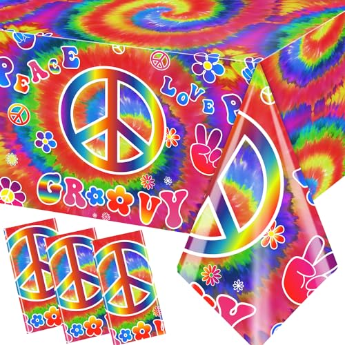 Image of Tie Dye Birthday Party Supplies, 60's Hippie Theme Tablecloth 3Pcs Groovy Hippie Table Cover Peace Love tie dye Table Cloths for Parties