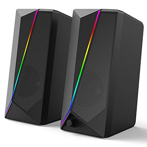 Lodokdre RGBまばゆいばかりライト、デスクトップコンピュータースピーカー、2.0マルチメディアデスクトップ、小型スピーカーUSB有線ラップトップオーディオ