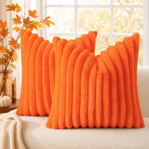 decorUhome Fall Faux Fur Throw Pillow Covers 18x18 Set of 2 Orange