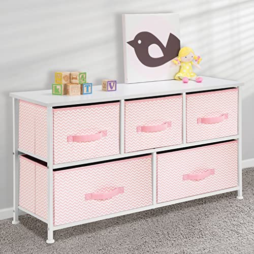 Mdesign Wide Steel Frame/Wood Top Storage Dresser Furniture Unit With 5 Removable Fabric Drawers, Large Bureau Organizer For Bedroom, Living Room, Closet - Spira Collection, Pink/White #TOP1