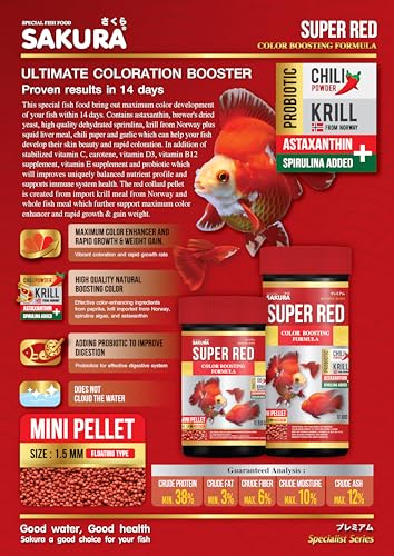Image of Sakura Super Premium Fish Food Speacial for Super Red Colour with Krill, Chili, Probiotic & Astaxanthin+Spirulina Mini Pellet 1.5 Mm- 50 Gm,Small