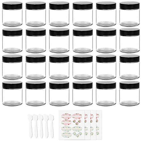 Haneye 4 oz Clear Round Glass Jars, Pack of 24 with Black Lids, Cosmetics Containers for Face Cream Lotion, Powder, Candle, Spice, Body Butter