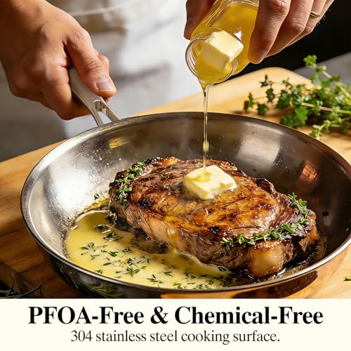 Image of Stainless Steel Frying Pan Set with Lid, Umite Chef 3Pcs Skillet Set (Includes 8 inch,10 inch,12 inch) - 5 Ply Stainless Clad - Heavy Duty & Professional Cookware Set, Fast & Even Heat, Dishwasher and Oven Safe