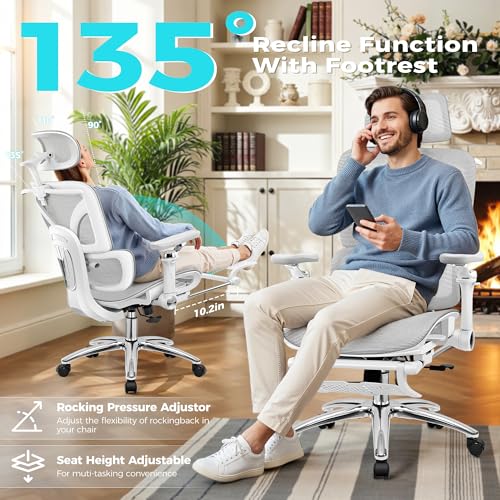 Image of Ergonomic Mesh Office Chair with Footrest, Big and Tall Home Desk Chair with 5D Flip-Up Arms, Adjustable Lumbar Support, Gaming & Executive Computer Chairs, Grey