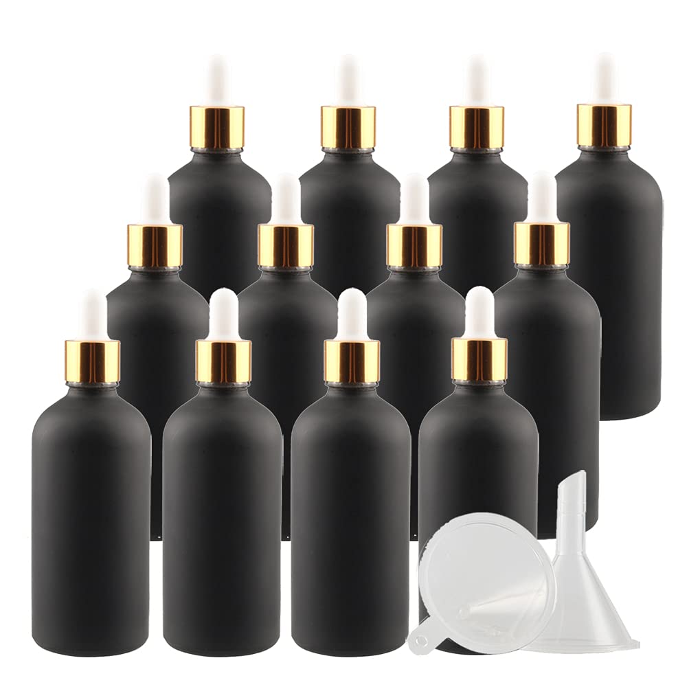 24 Stück 100 ml Leere Matt Schwarz glasflasche Tropfflasche Pipettenflaschen mit Glaspipette, 100ml Glasflasche mit Tropfpipette mit Gold Schraubverschluss für ätherische Öle, Parfüm Öle