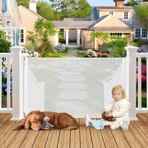 Weatherproof Outdoor Retractable Baby Gates for Decks, 55' Wide Waterproof Retractable Dog Gate with No Rust Screws and Rods, Scratch-Resistant Mesh Outdoor Baby Gate/Fence/Barrier/Screen, White