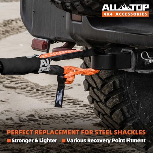 Image of ALL-TOP Synthetic Soft Shackle & Recovery Ring Kit (2PCS 3 /4in x 24in - 66200LBS Shackles + 1 Red Snatch Pulley Ring) for Winch Tackle Pulley System