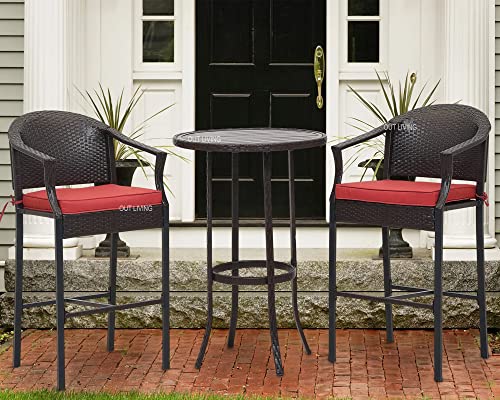 Image of OUTLIVING Rattan Wicker Outdoor Bar Patio Round Table with 2 Chairs Set for Home Graden Balcony 2 Seater Bar Patio Furniture - (Black & Red Cushion)