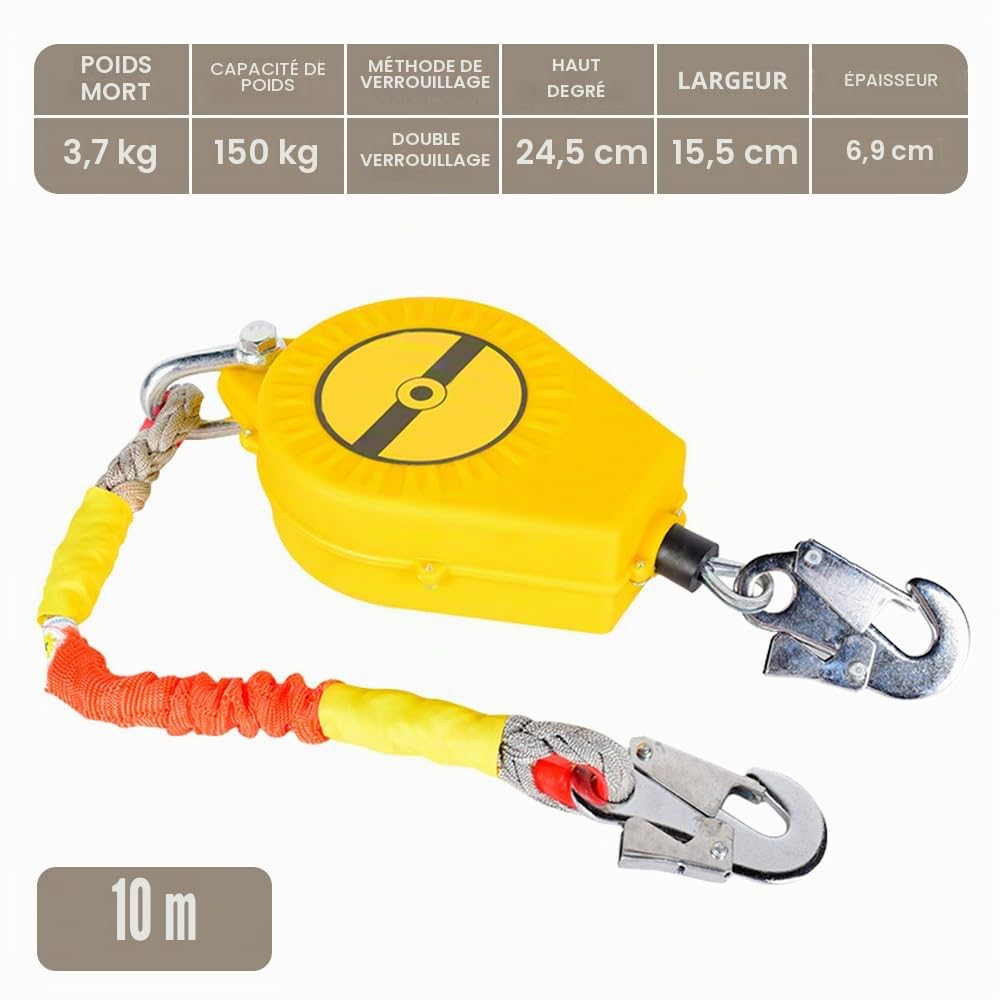 Antichute à Rappel Automatique 10m, Dispositif Anti Chute a Rappel Automatique,Ligne de Vie Auto-Rétractable,Harnais de Securite Anti Chute pour Travaux Sur Toit et Aériens,Charge: 150KG (Jaune)
