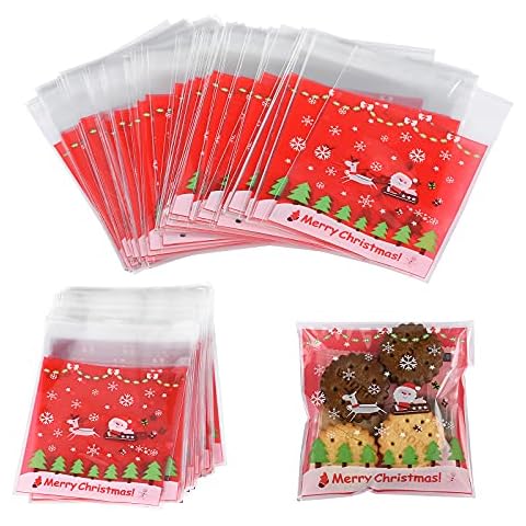 Christmas Cellophane Bags, 100 Pcs Clear Resealable Merry Christmas Sealed Plastic Cellophane Gift Bags with Adhesive Closure for Bakery, Cookie, Candies, Approximately 3.9 * 3.9 Inches, Red Cover