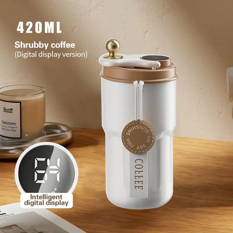 Wosta Smart Insulated Coffee Travel Mug with Touch Screen Digital Temperature Display Travel Flasks, 420 Ml, 304 Stainless Steel Reusable - Leak Proof, Thermal Mug (Brown)
