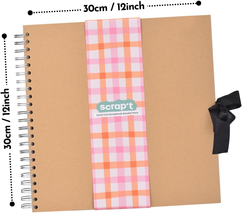 Large Scrapbook Album - 12 x 12 Inch - 80 Pages - 250GSM Extra Thick Kraft Paper - With Ribbon - For Scrapbooking, Memory Books, Arts & Craft Projects (2 Pack)