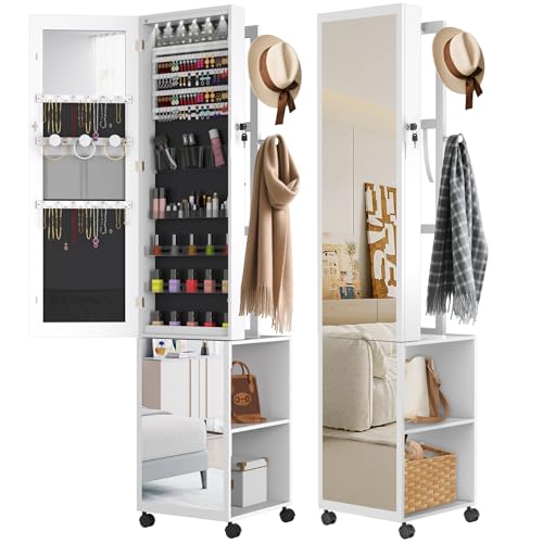 Suusolny 360 Schmuckschrank mit 4 Rädern Schmuckorganizer abschließbar für Aufbewahrung & Make Up Ablagefächer mit Haken Spiegelschrank mit Ganzkörperspiegel für Wohnzimmer und Schlafzimmer - Weiß