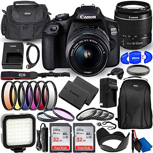 Canon EOS 2000D (Rebel T7) DSLR Camera with EF-S 18-55mm f/3.5-5.6 DC III Lens - Deluxe Bundle Includes: Dual Ultra 32GB (64GB) SD, Extra Battery and Charger, LED Light Kit, Carrying Case and More