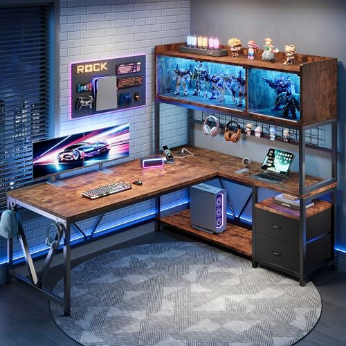 Image of L Shaped Gaming Desk with Drawers, Corner Computer Desk with LED Tempered Glass Display Cabinet, Shaped L Office Desk with Charging Station and Fabric Drawer, PC Desk for Gaming and Office, Brown