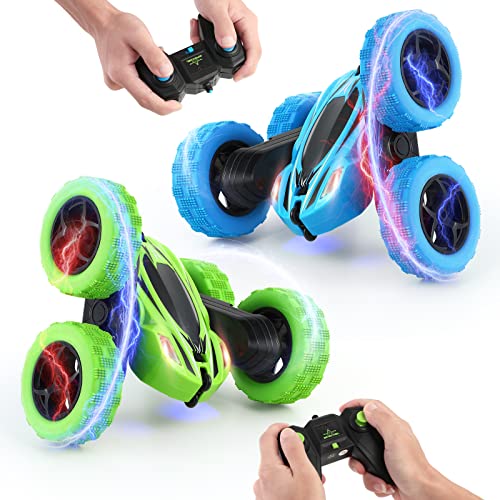 RC Stunt Cars Set of 2, Kids Remote Control Car Toys, 4WD 2.4Ghz Double Sided 360Â°Rotating RC Car with LED Lights, Driving Cars Toys Gift for Boys Girls Christmas, Blue&Green