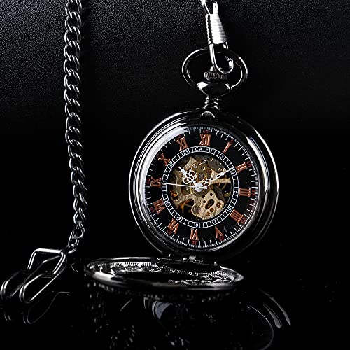 Image of Men's Mechanical Hollow Design Hand Wind Pocket Watch Roman Numerals Steampunk with Chain Box