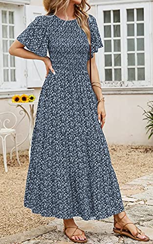 Image of PRETTYGARDEN Women's 2026 Summer Casual Flutter Short Sleeve Boho Floral Maxi Dress Crew Neck Smocked Tiered Long Dresses
