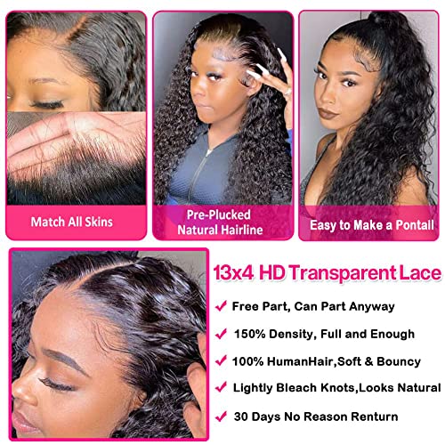 Image of Glueless Water Wave Lace Front Wigs Human Hair for Women 180 Density Unprocessed Brazilian Virgin Human Hair Wigs with Baby Hair Pre Plucked Natural Hairline Wigs Deep Wave 13X4 Lace Frontal Wig